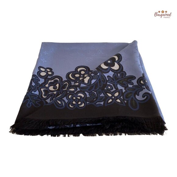 Authentic Louis Vuitton Black/Blue Monogram Maru Fleur Silk/Wool Shawl Scarf - Picture 1 of 8